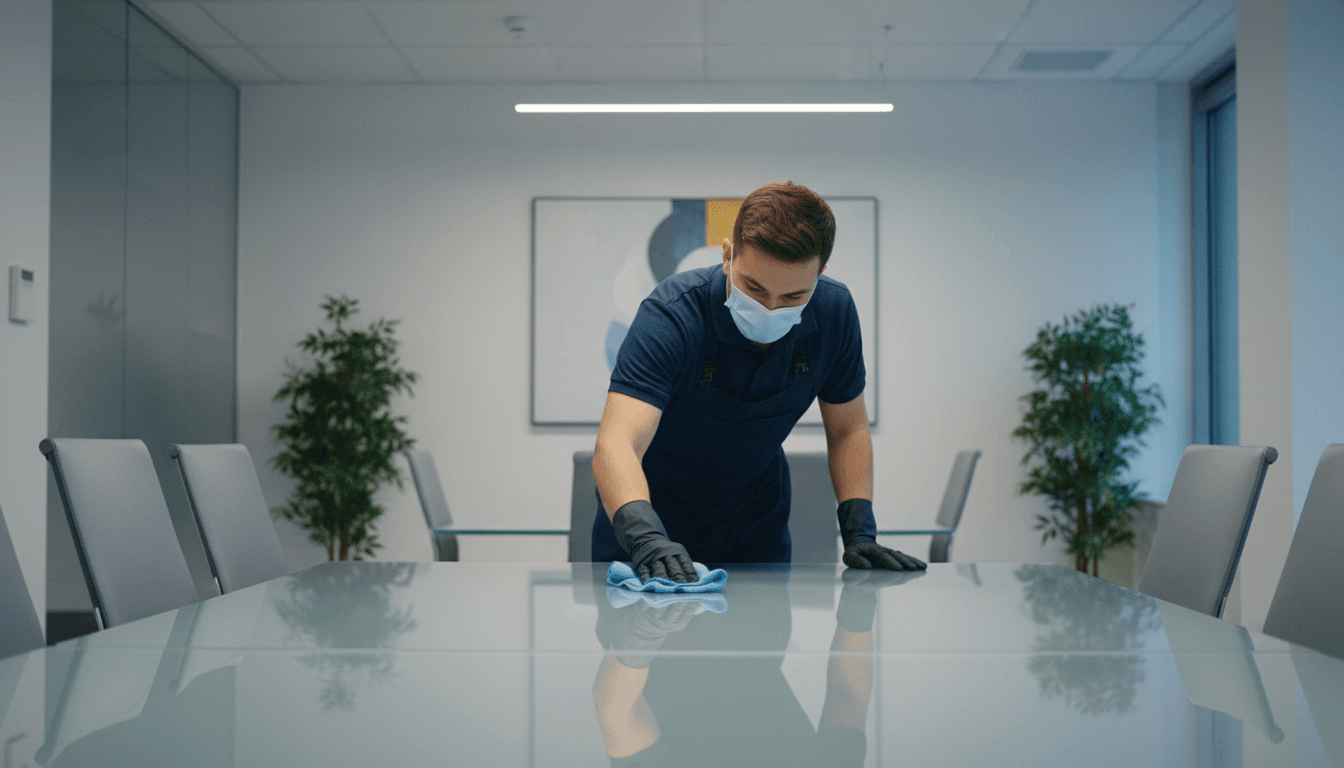 Professional cleaner sanitizing glass conference table with microfiber cloth in modern office during evening hours
